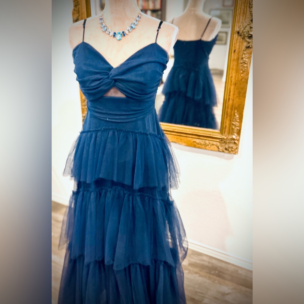 Tulle Tiered Skirt Prom Dress Blue Black Navy Evening Gown Goth Witchy Vibes - Picture 3 of 10